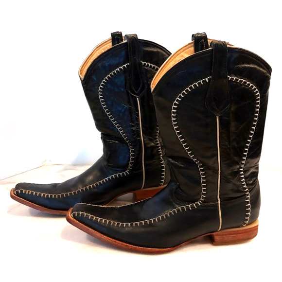 Mexico Black Stitched Men\'s Size 10‎ Mex 29 Western Leather Boots Pointed Toe main image 5